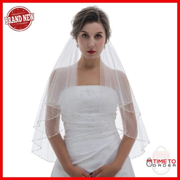 2 Tier Pearl Crystal Beaded Bridal Wedding Veil Fingertip Length main image 6